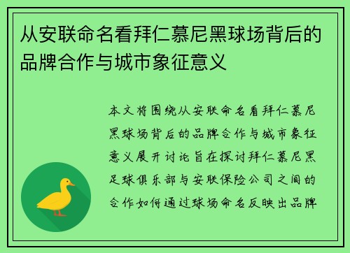 从安联命名看拜仁慕尼黑球场背后的品牌合作与城市象征意义 从安联命名看拜仁慕尼黑球场背后的品牌合作与城市象征意义